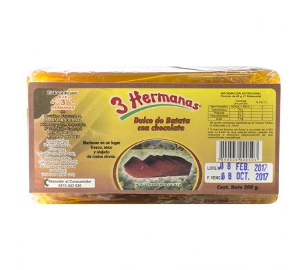 DULCE DE BATATA 3 HERMANAS CON CHOCOLATE 200 GR 