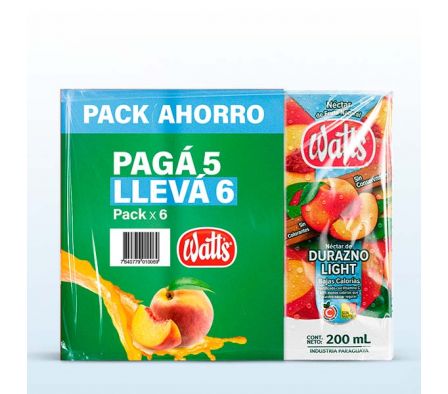 PACK JUGO WATTS DURAZNO LIGHT PAGUE 5 LLEVE6 200ML