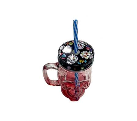 VASO MASON C/PAJITA CALAVERA 14X7CM VIDRIO REF 662